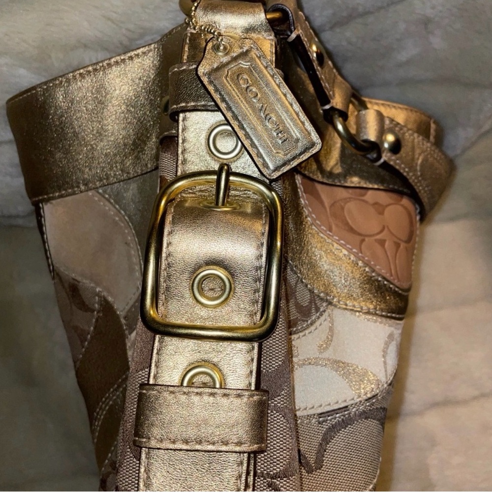 Coach Metallic Patchwork Shoulder Bag in Gold and Tan - Picture 6 of 8